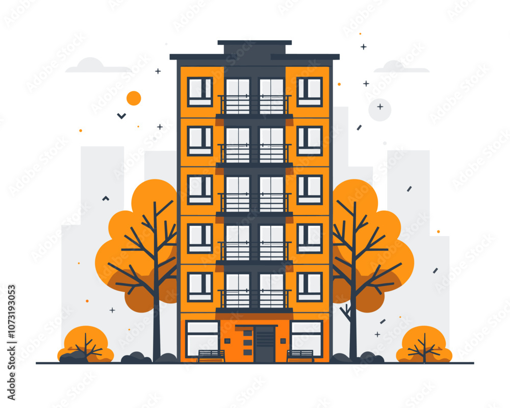Poster tall orange building with a tree in front of it. the building is surrounded by trees and has a lot o