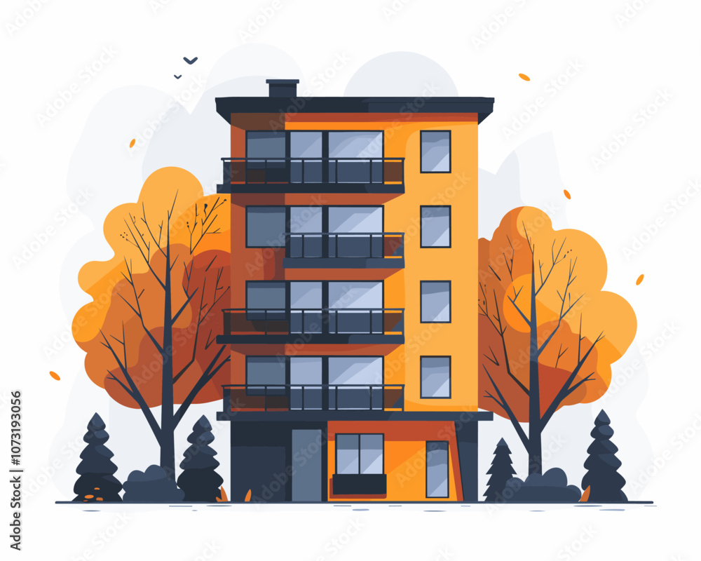 Poster tall building with a balcony and a tree in front of it. the building is orange and has many windows
