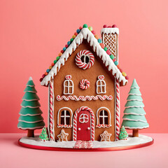 christmas gingerbread house with christmas tree on pink background, gingerbread house with Christmas decoration