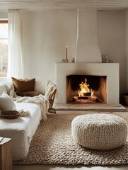 Fototapeta premium Cozy Living Room with Fireplace, Knit Rug, and Plush Couch