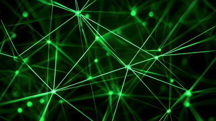 A network of glowing green lines intersecting on a dark background, forming a futuristic web-like structure.