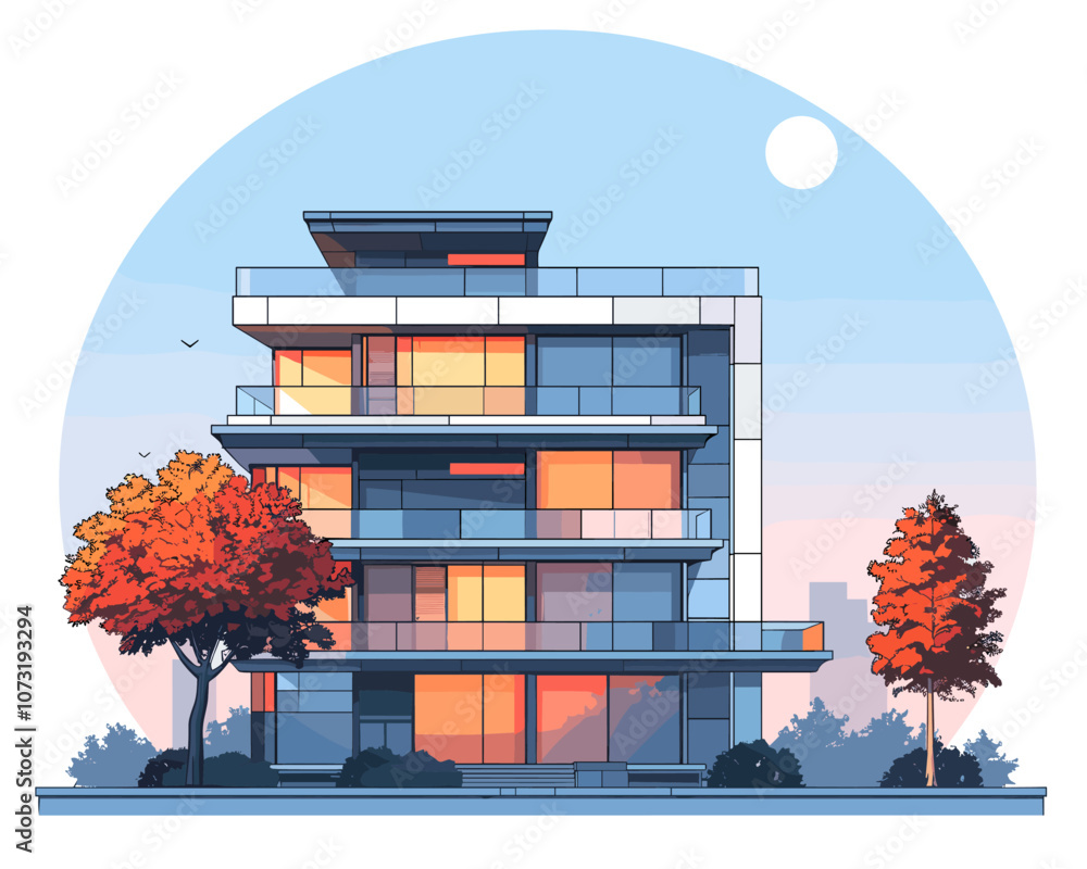 Poster tall building with a tree in front of it. the building is white and has a lot of windows. the tree i