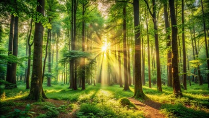 Vintage Style Photography of a Serene Forest Landscape Celebrating International Forest Day with Lush Greenery, Tall Trees, and Sunlight Filtering Through the Canopy