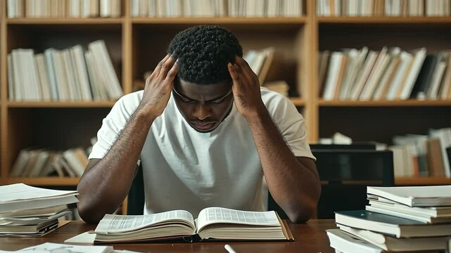Stressed Student at Cluttered Desk Preparing for Exams