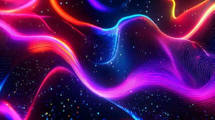 Flowing neon waves in red, blue, and purple hues, creating a glowing and dynamic design over a dark starry background.