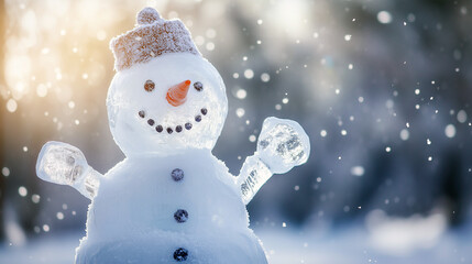 Fototapeta premium A close-up of a cheerful snowman with smooth icy arms in a snowy landscape during a winter day