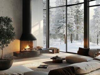 Fototapeta premium Modern Living Room with Fireplace and Snowy Forest View