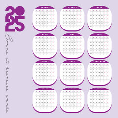 Calendrier 2025 violet, Design arrondi de calendrier Français