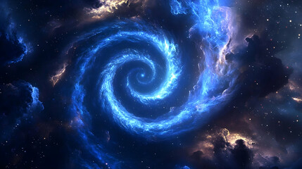 A spiraling blue galaxy with bright, glowing stars and a celestial swirl of light in a dark space backdrop.