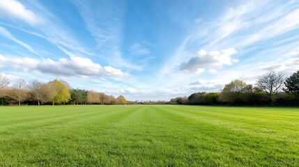 Fototapeta premium Explore the serenity of expansive green fields under a bright blue sky