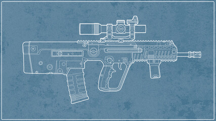 blueprint of side view of upgraded bullpup Israeli x95 assault rifle with collimator sight on a optical scope, tactical grip blue background