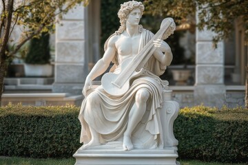 Elegant marble statue of Apollo, the Greek god of music and prophecy, holding a lyre, set in a lush garden background with greenery and classical elements