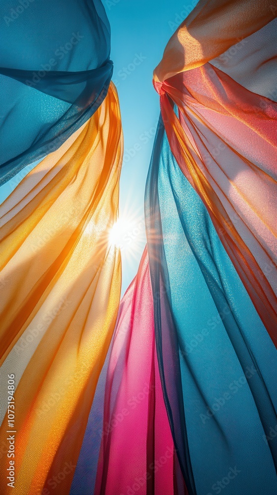 Poster a colorful array of fabric hanging in the air, with the sun shining brightly on them. the vibrant co