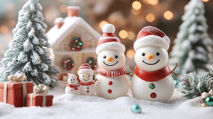 Christmas scene featuring a family of snowmen in front of a house, gingerbread houses, and gifts on a table, all crafted from polymer clay. Surrounded by a winter forest setting.