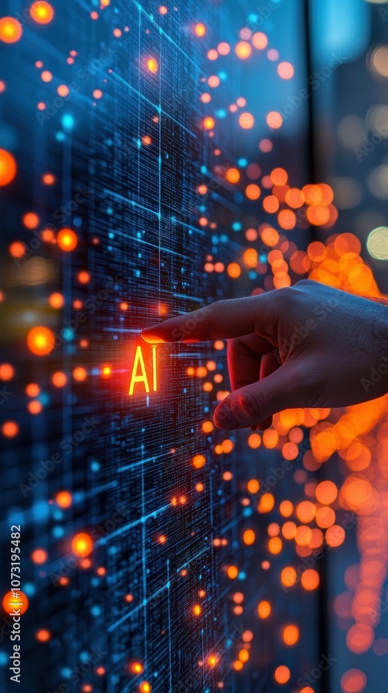 Poster a hand pointing at the letter a on a computer screen. concept of technology and digital communicatio