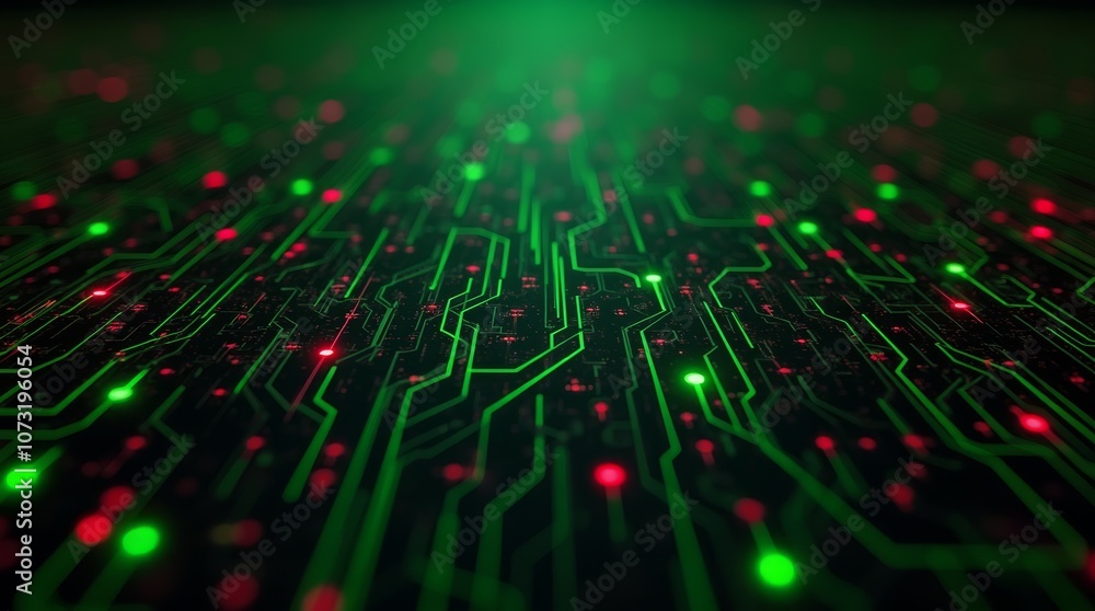Poster glowing red and green circuit lines on a dark surface, futuristic technology pattern