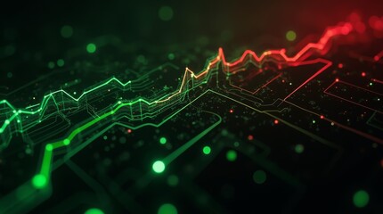 Obraz premium Glowing red and green circuit lines on a dark surface, futuristic technology pattern