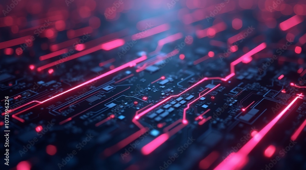 Poster pink and blue circuit lines radiating from a central point, futuristic tech network design