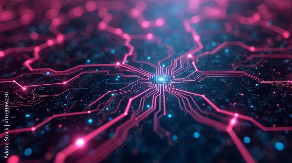Poster pink and blue circuit lines radiating from a central point, futuristic tech network design