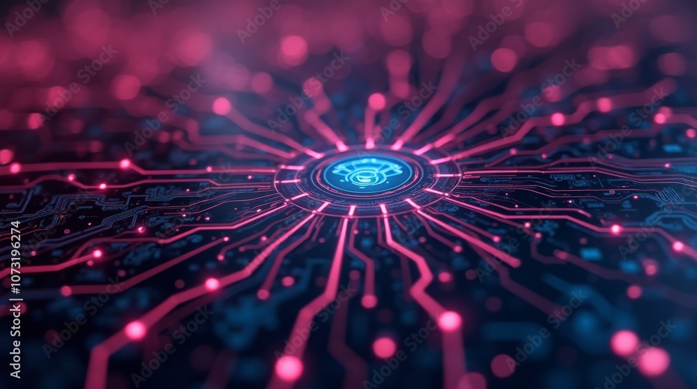 Poster pink and blue circuit lines radiating from a central point, futuristic tech network design