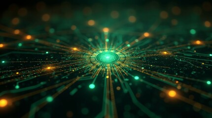 Radiating green and orange circuit lines, central glowing hub, futuristic tech design
