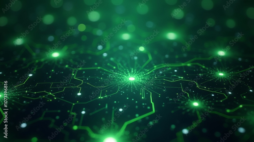 Poster green glowing circuit pattern, futuristic digital grid on a dark background