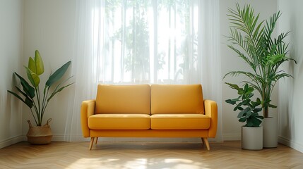 Brighten your living space with a stylish yellow sofa surrounded by lush green plants