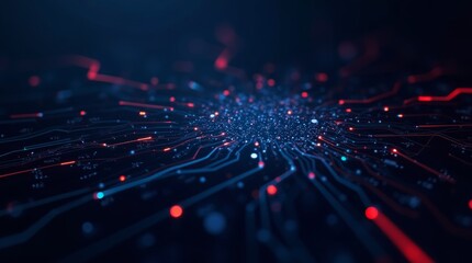 Obraz premium Red and blue glowing circuit lines, futuristic digital network on dark background