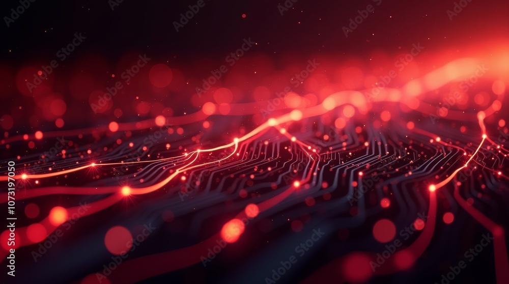 Poster radiant red lines converging at a central point, abstract digital network on a dark background