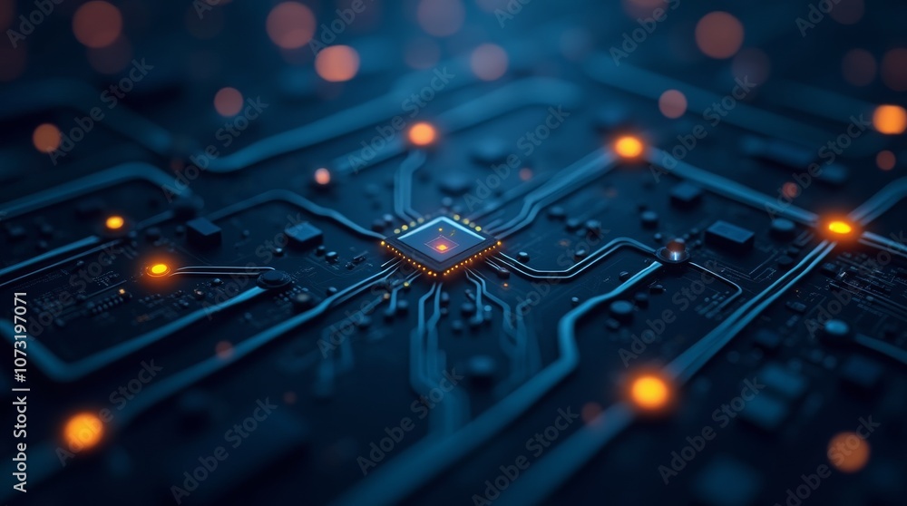 Poster central microchip with glowing orange circuit lines on a dark tech background