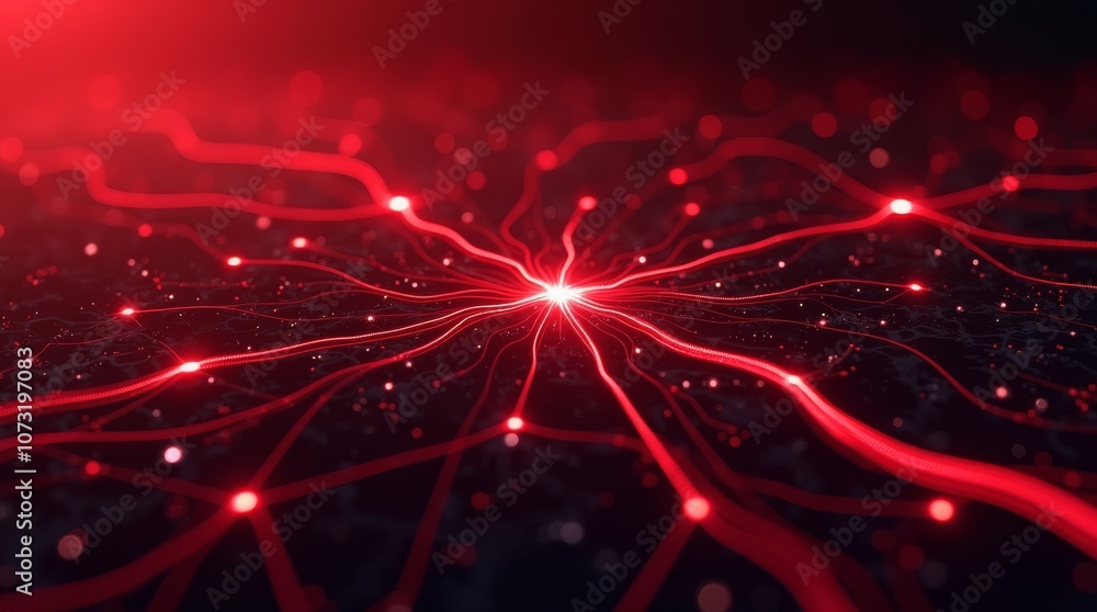 Poster radiant red lines converging at a central point, abstract digital network on a dark background