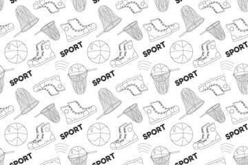 Fun black-and-white sports-themed coloring page featuring basketballs, sneakers, and hoops. Perfect for kids back-to-school activities.