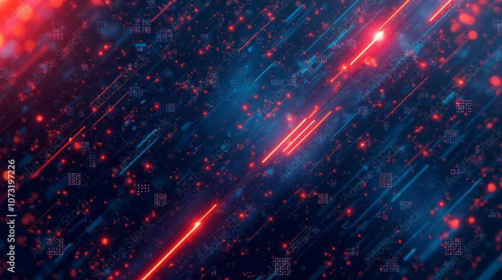 Poster dynamic red and blue abstract lines with glowing particles, futuristic digital technology background