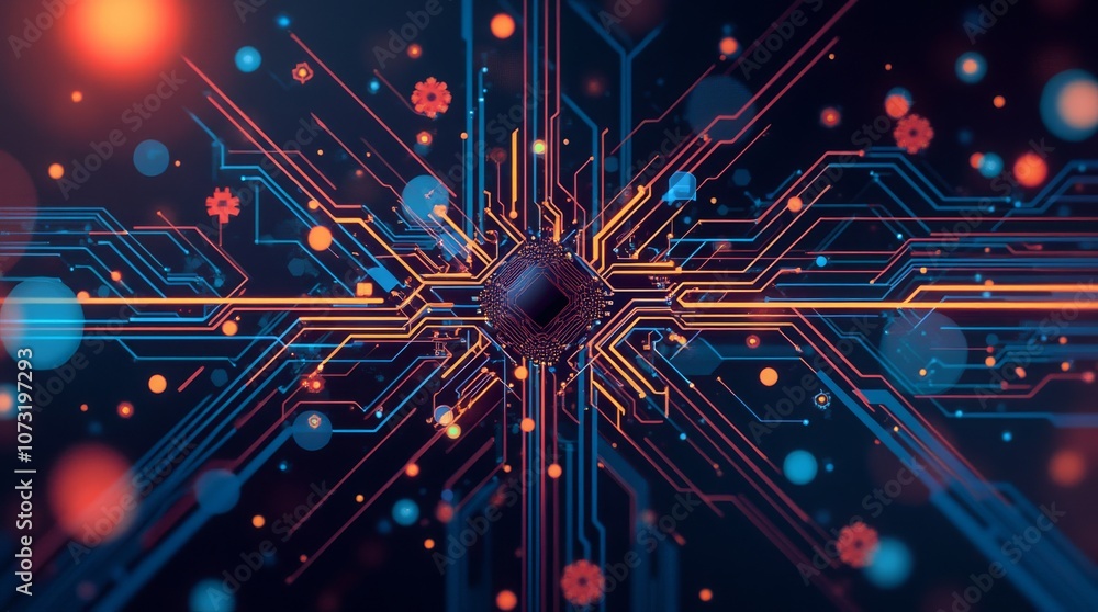 Poster futuristic circuit board with glowing lines and a central microchip, abstract tech pattern