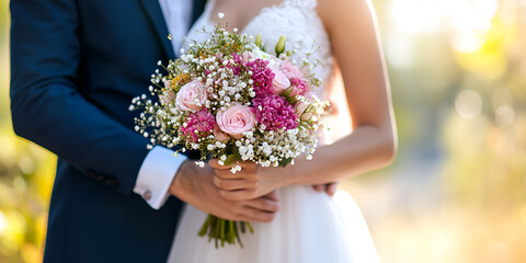 The groom hugs the bride from behind, the bride holds a wedding bouquet. Cropped photo. Groom in a black suit. Details