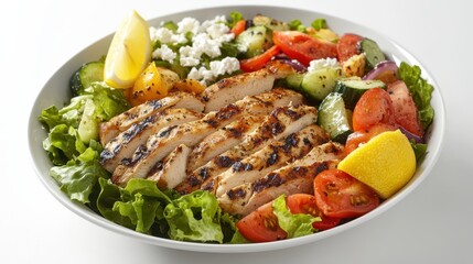 Vibrant Salad Bowl with Grilled Chicken, Mixed Greens, and Vegetables: Professional Food Photography with Lemon and Feta Props in Soft Natural Light.