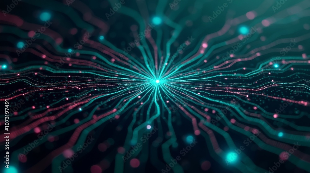 Poster glowing teal and pink circuit pattern, abstract futuristic technology with interconnected lines