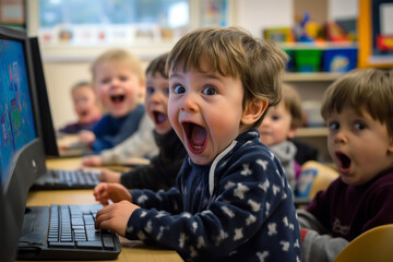 A group of excited preschoolers with wide-open mouths sits at computers in a classroom, enthusiastically engaged in a learning activity.