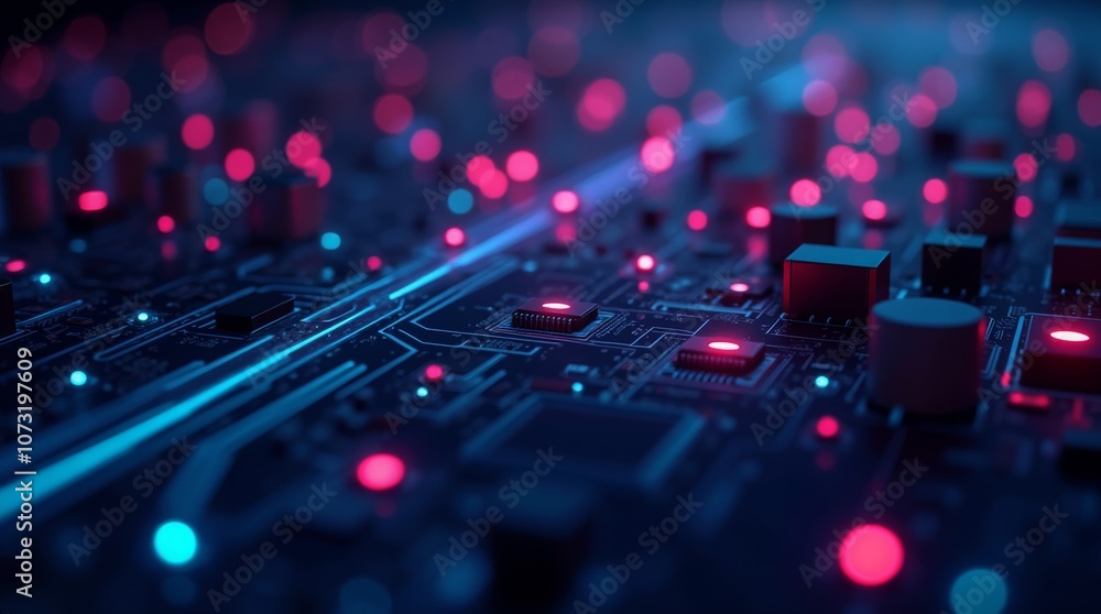 Poster vibrant digital circuit board with glowing lines and nodes, abstract technology background