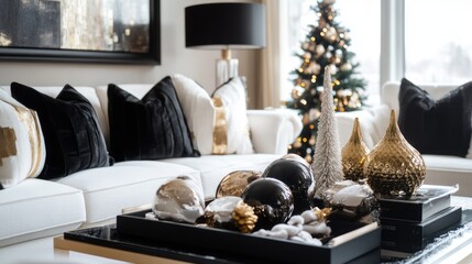 Black and Gold Christmas Ornaments on a Coffee Table