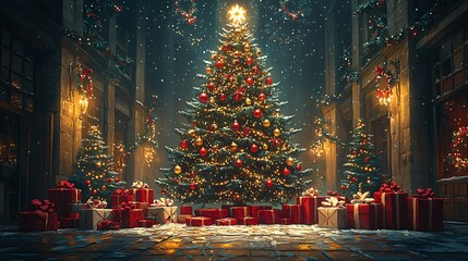 A large, decorated Christmas tree stands in a snowy courtyard, surrounded by wrapped presents.
