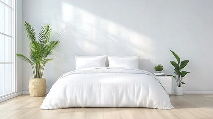 Create a serene and stylish bedroom space with elegant decor and lush plants for a tranquil retreat