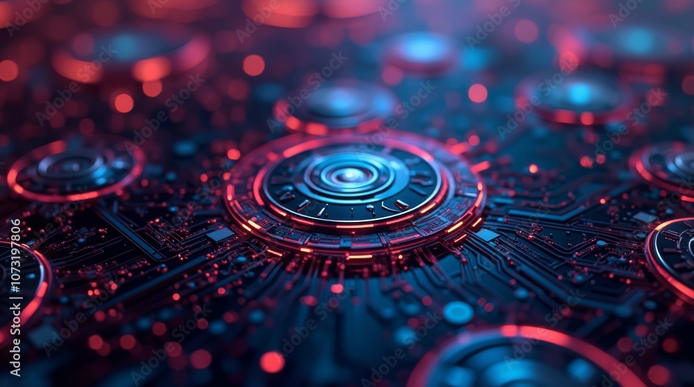Poster macro view of electronic circuit board, glowing components in red and blue, futuristic tech design