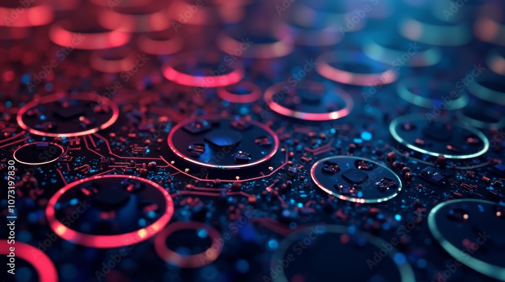 Aufkleber macro view of electronic circuit board, glowing components in red and blue, futuristic tech design