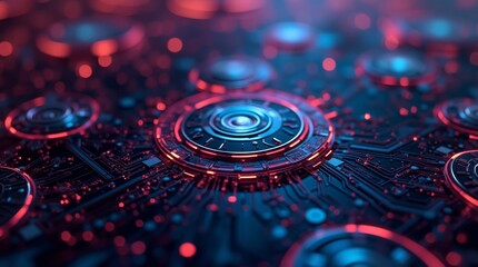 Fototapeta premium Macro view of electronic circuit board, glowing components in red and blue, futuristic tech design