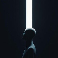 Abstract humanoid figure under a beam of intense white light, dark background, dramatic contrast, sci-fi aesthetic
