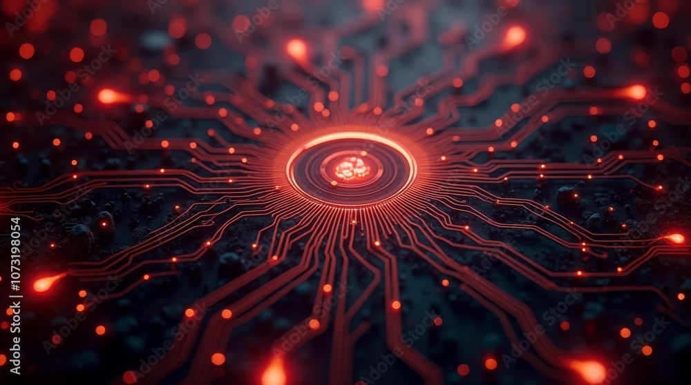 Poster glowing red circuit board pattern, futuristic technology background with digital connections