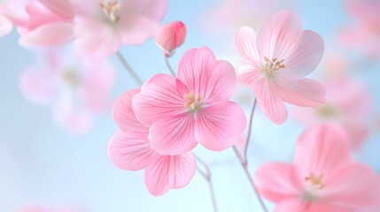 Pink Blossom Dream: Delicate pink flowers in soft focus, creating a serene and dreamy atmosphere. Pastel colors evoke a sense of calm and tranquility.