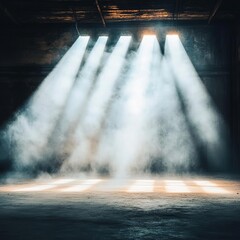 Artificial light beams breaking through smoke in an abandoned warehouse, eerie atmosphere, dramatic mood