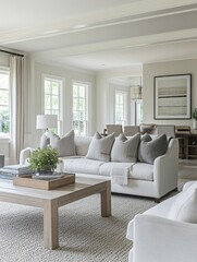 A Modern Living Room with a White Sofa, a Wooden Coffee Table, and a Pebble Rug